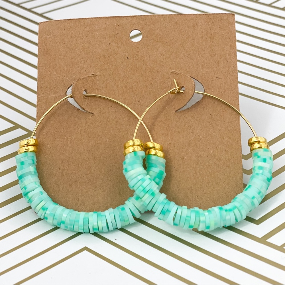 Gold earrings light green clay beaded hoops